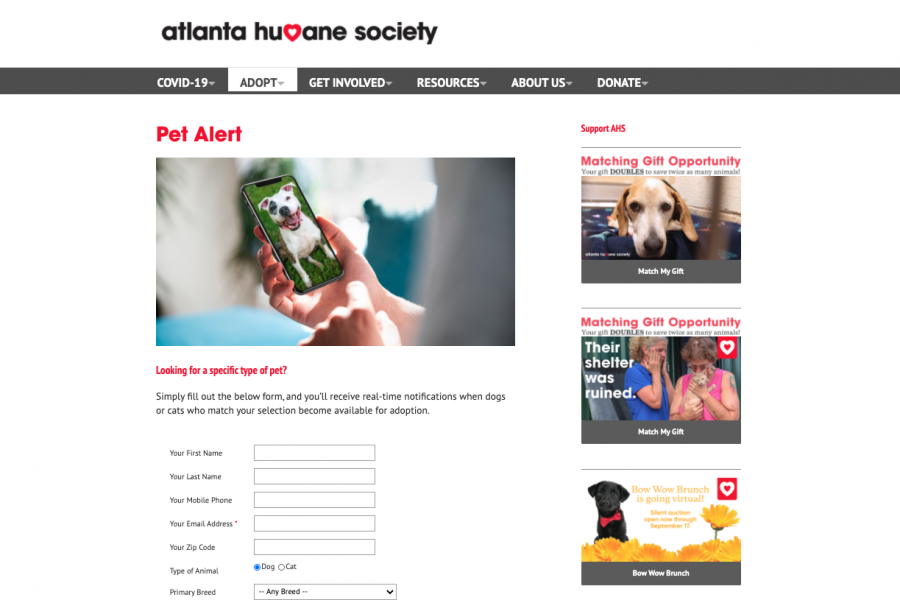 Atlanta Humane Society Pet Alert sign up page